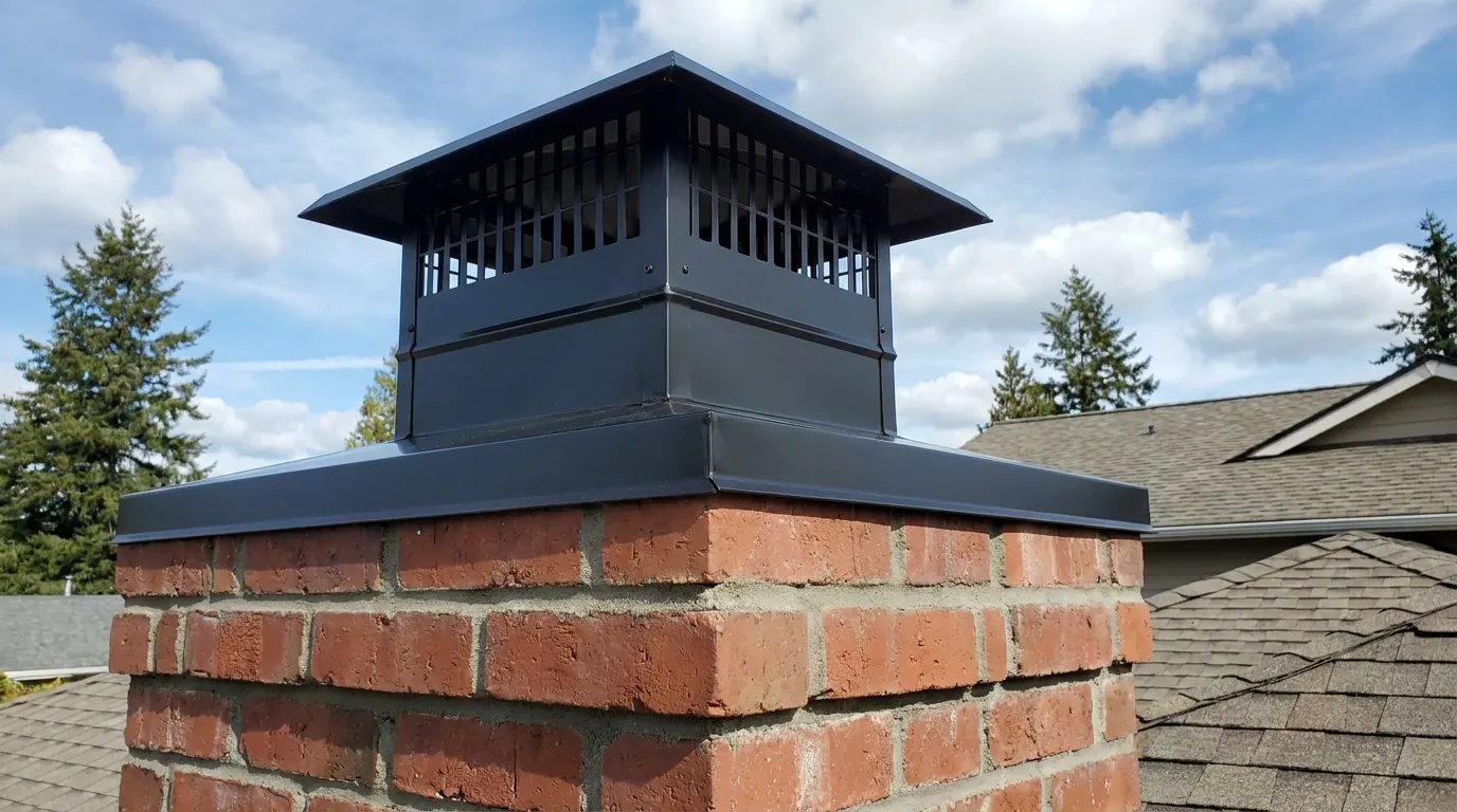 Black metal chimney cap installed on a brick chimney
