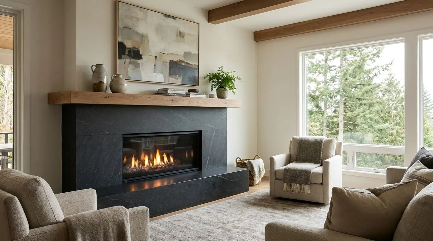 Custom stone hearth installation with elegant surround