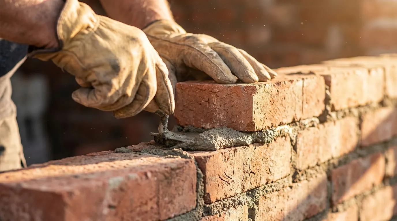 Skilled hands repointing brick masonry on a chimney