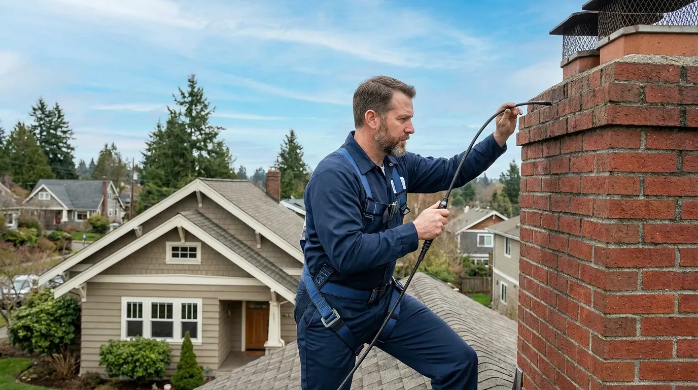 CSIA-certified chimney sweep inspecting a brick chimney